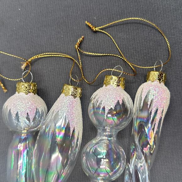 VTG Blown Glass Icicle Christmas Ornaments Clear Iridescent Glitter 4 pc Glam - Picture 10 of 15